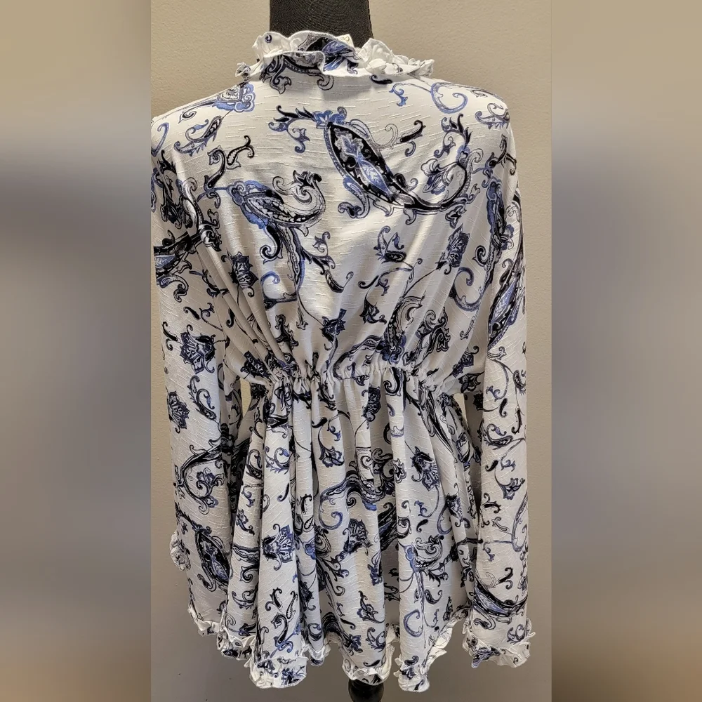Cato Floral Ruffled Jacket in Blue and White - Picture 3 of 4